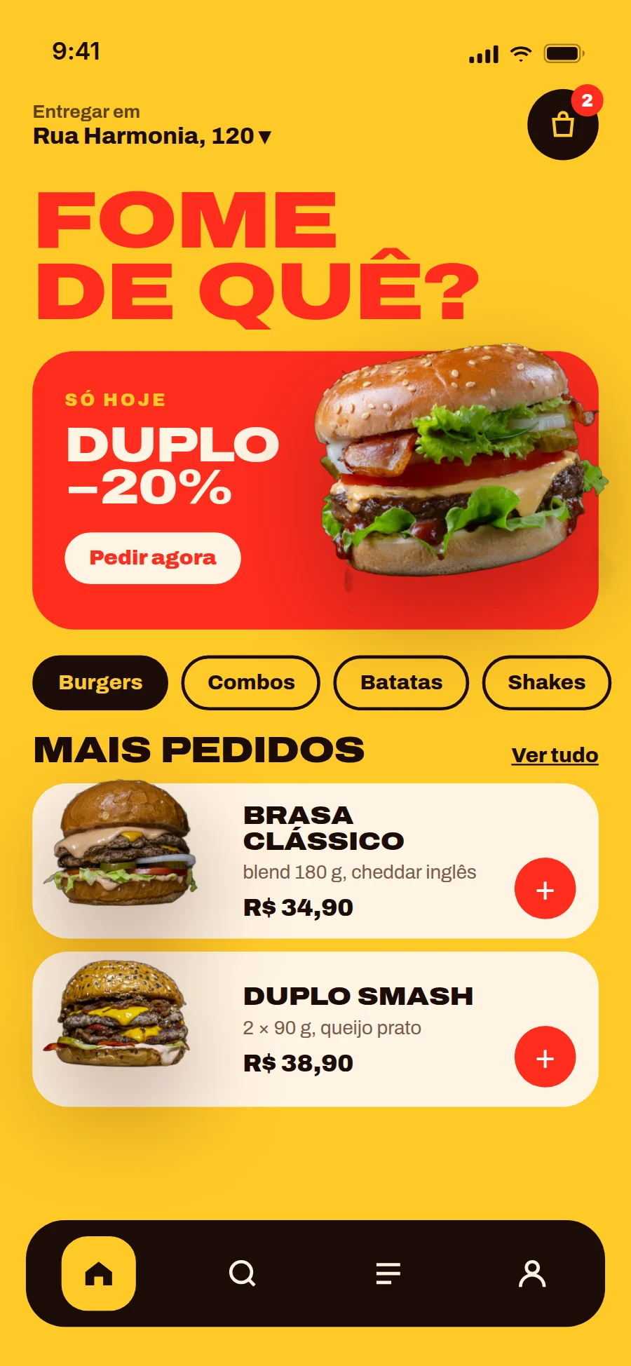 Tela inicial do app da Brasa com promoção e mais pedidos