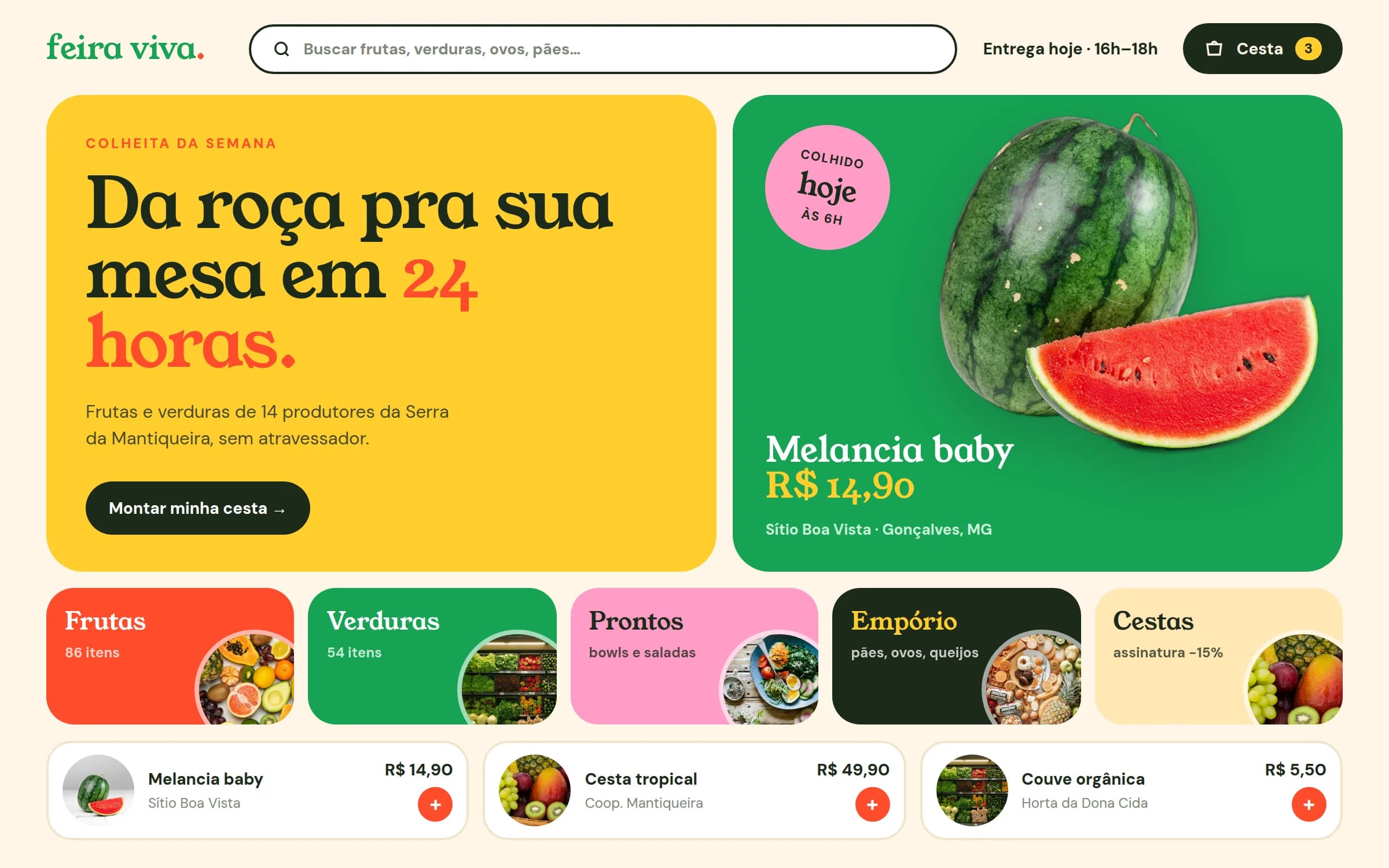 Loja da Feira Viva com a colheita da semana e as categorias