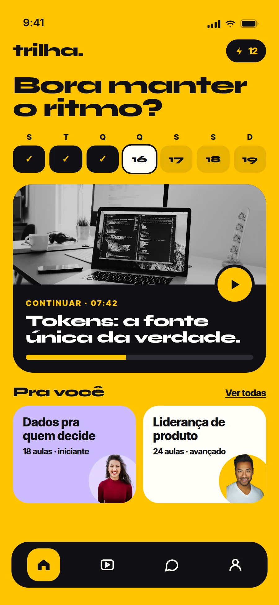 Tela inicial do app Trilha com a aula para continuar