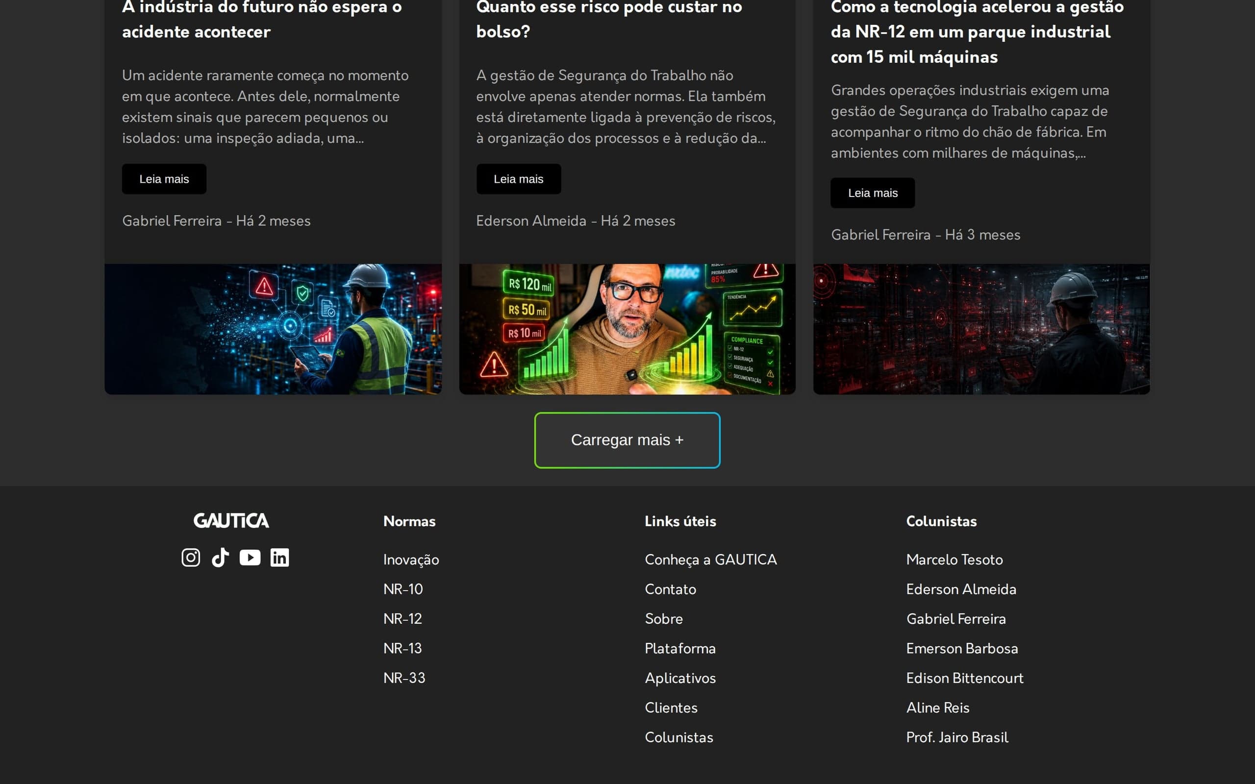Botão Carregar mais e rodapé do blog com normas, links úteis e colunistas