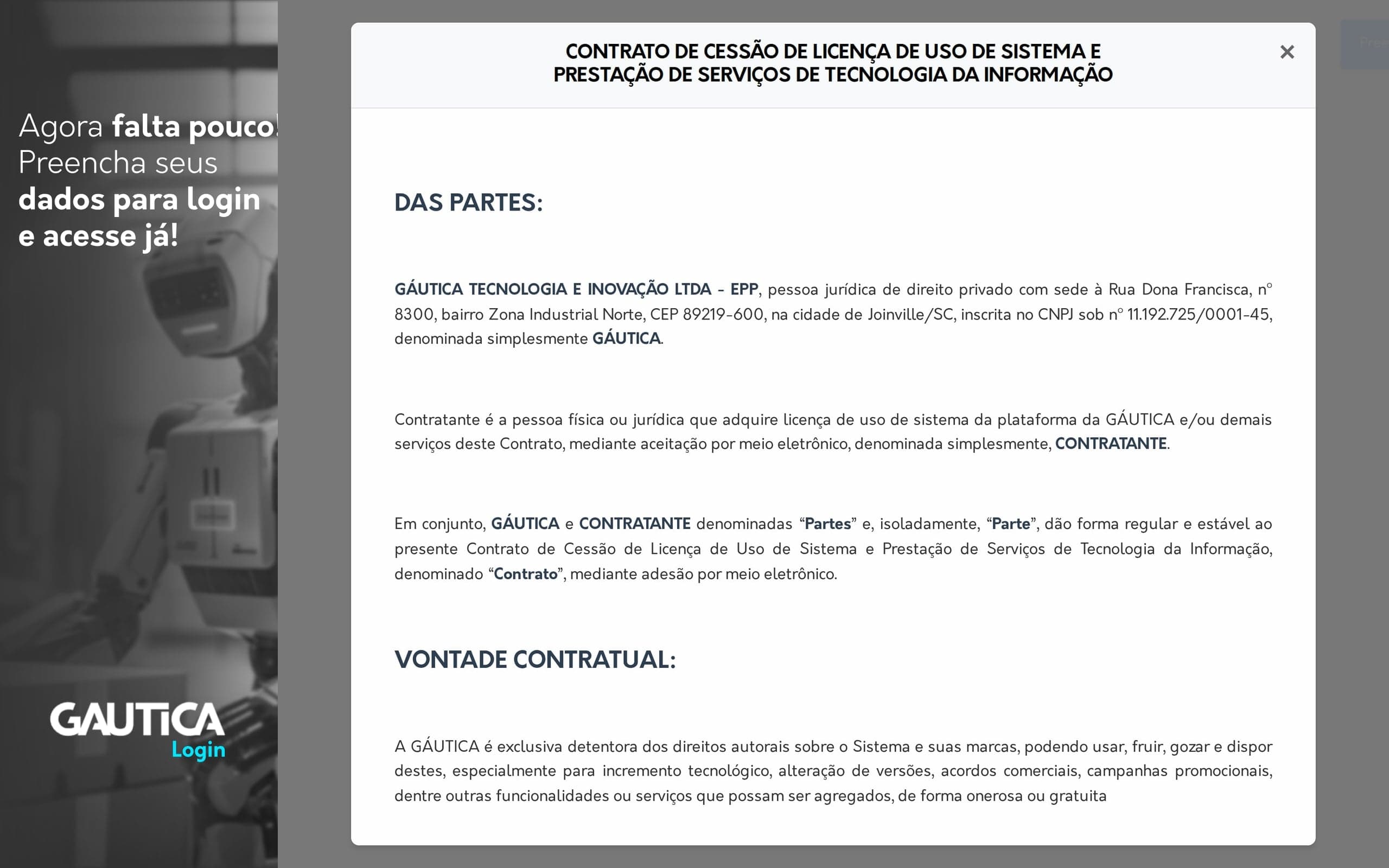 Contrato de licença de uso aberto em uma janela sobre o cadastro