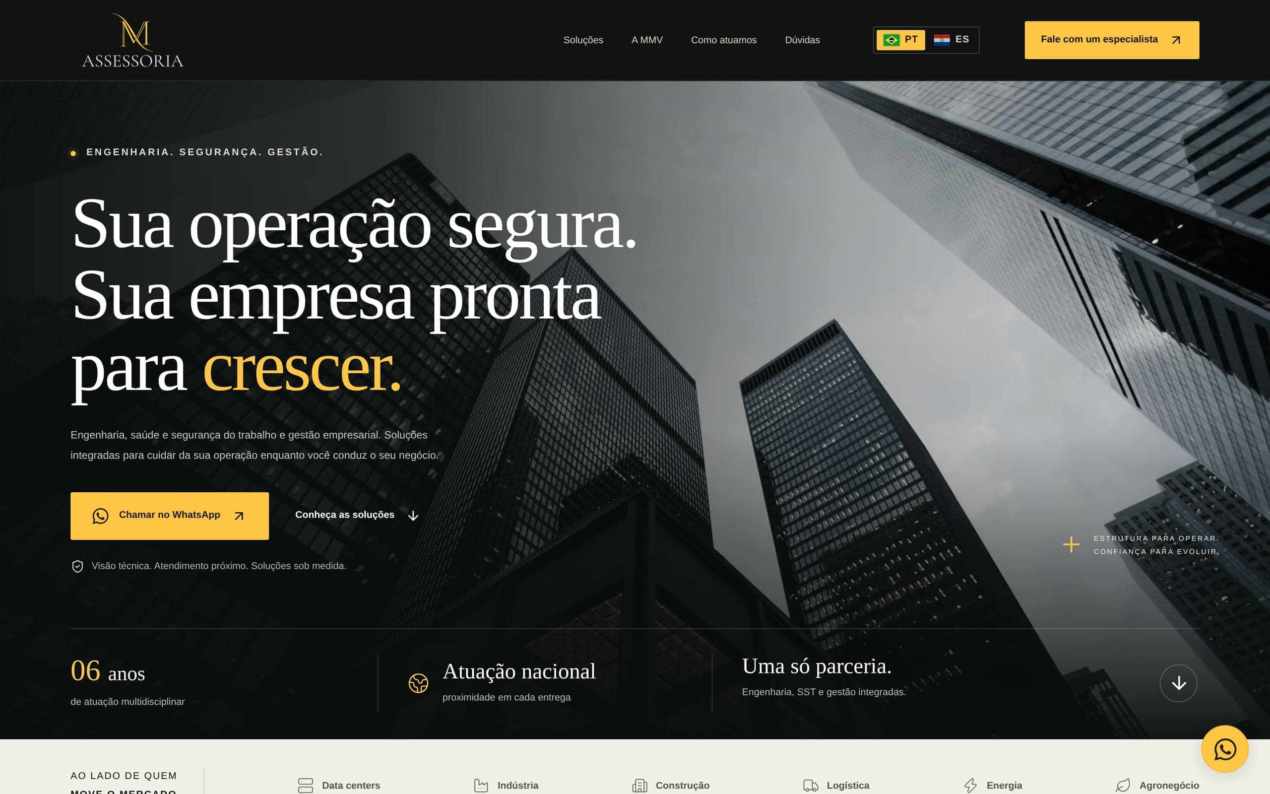 Página inicial da MMV Assessoria, com o título Sua operação segura, sua empresa pronta para crescer e o botão de WhatsApp