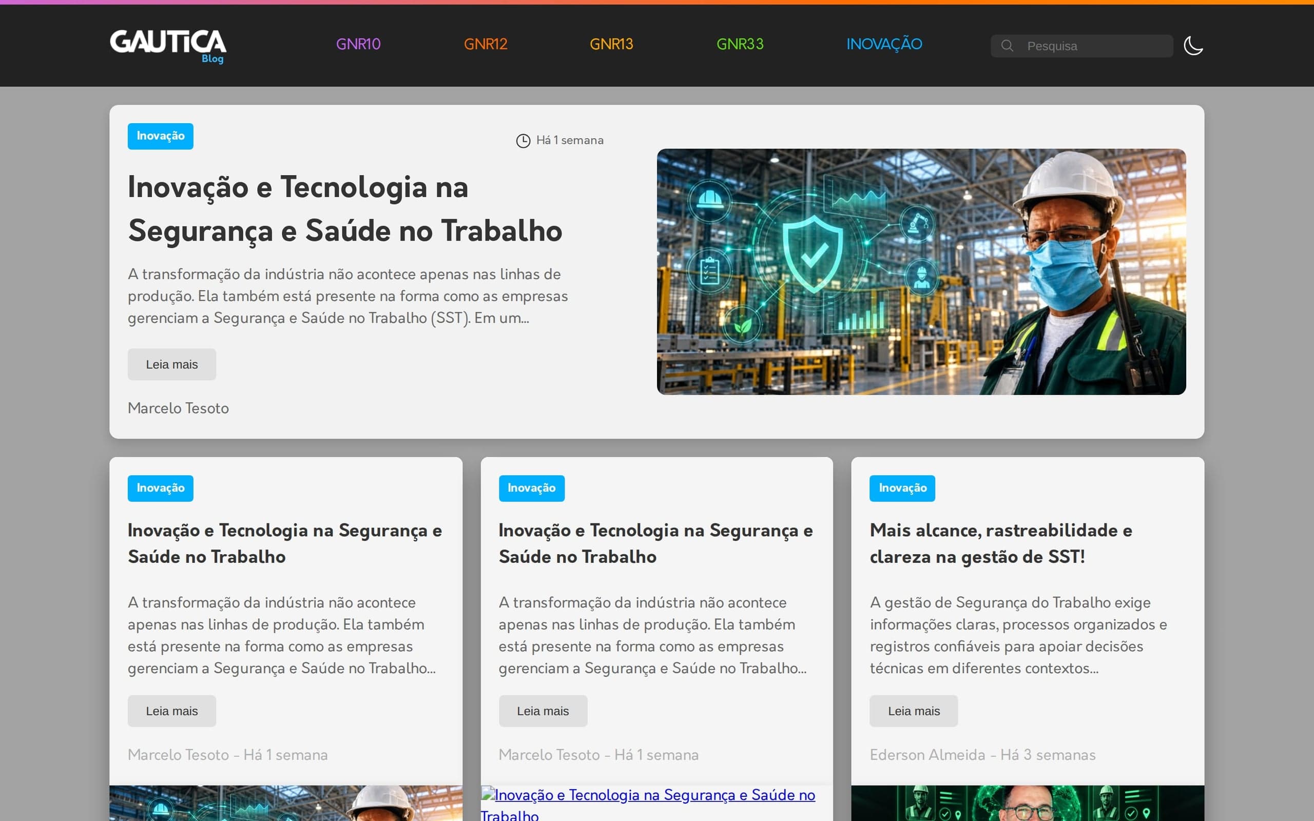 Página inicial do blog da GAUTICA no modo claro