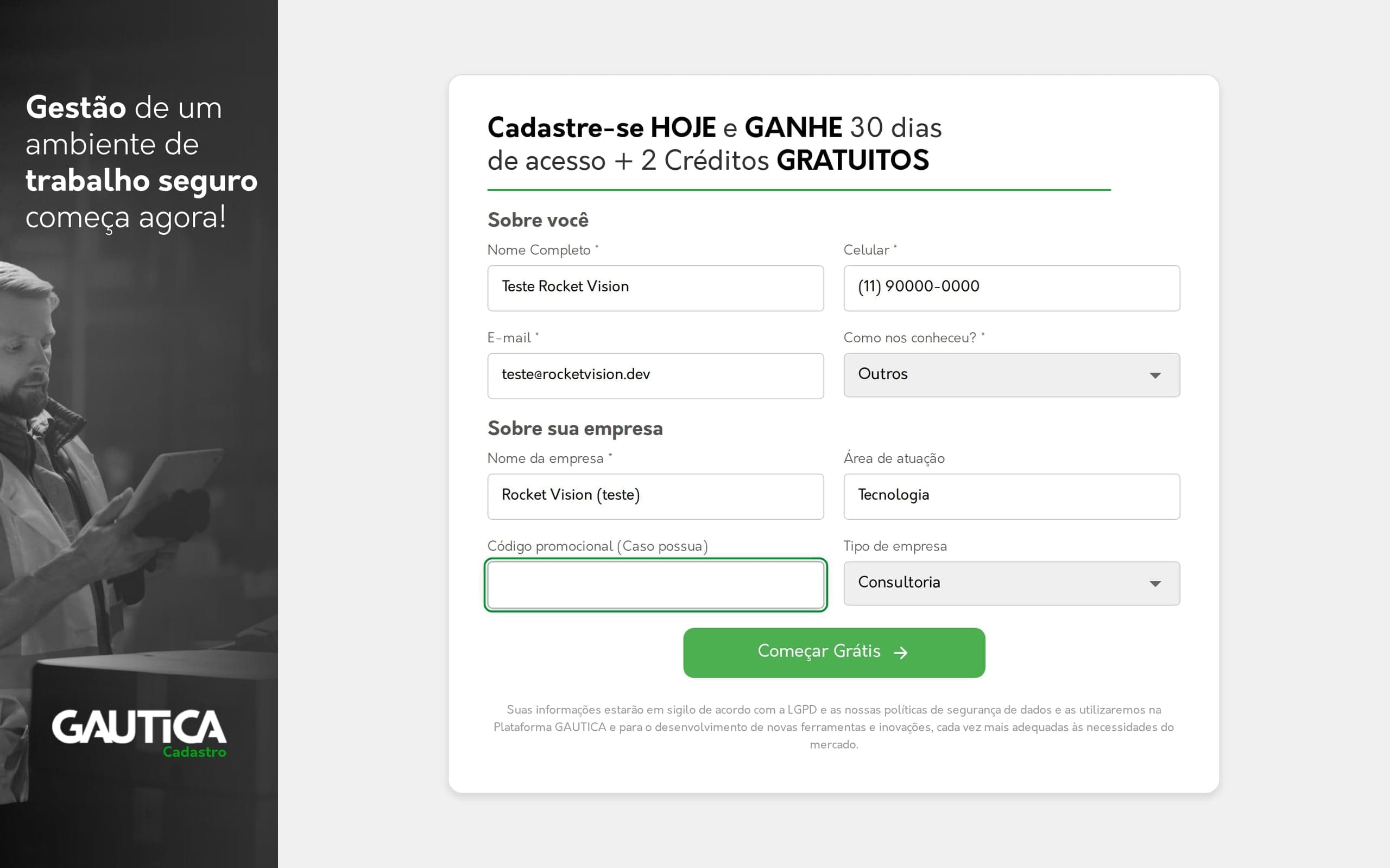 Primeiro passo preenchido, com o botão Começar Grátis habilitado