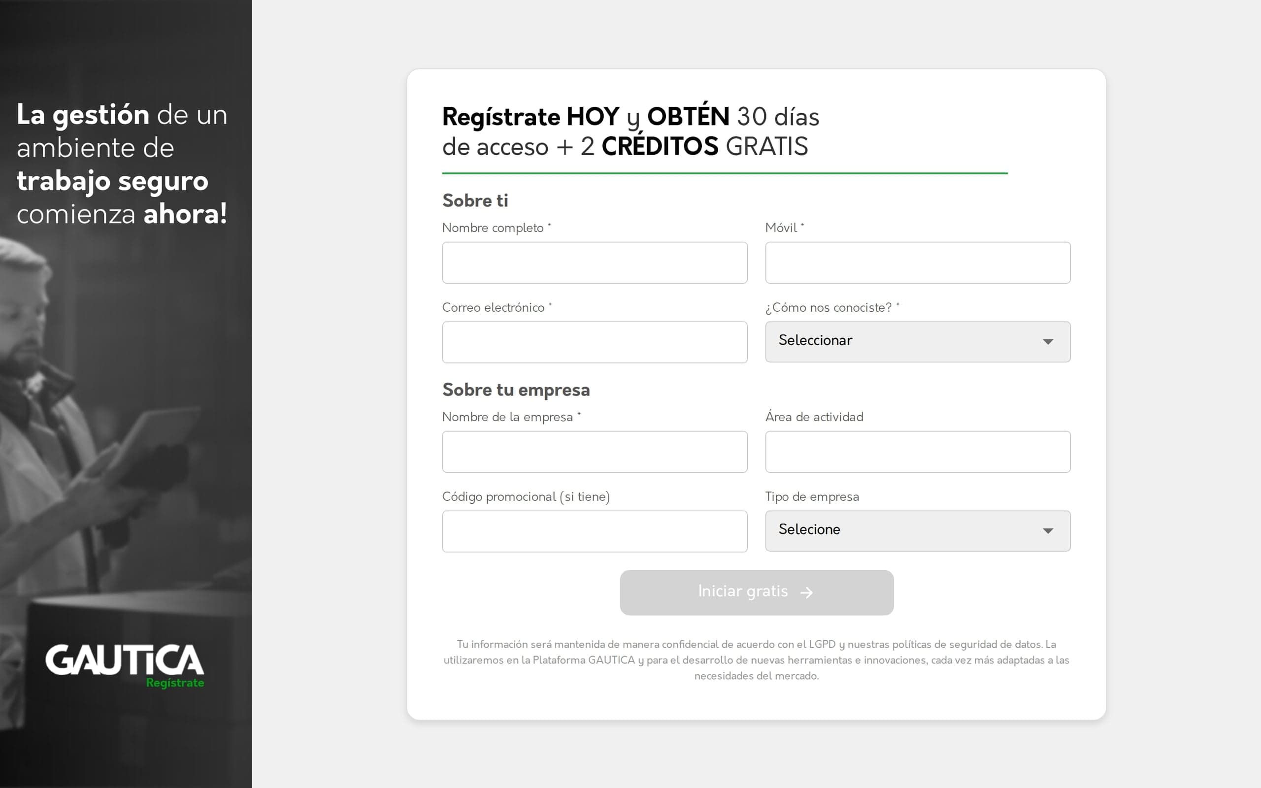 Cadastro da GAUTICA em espanhol
