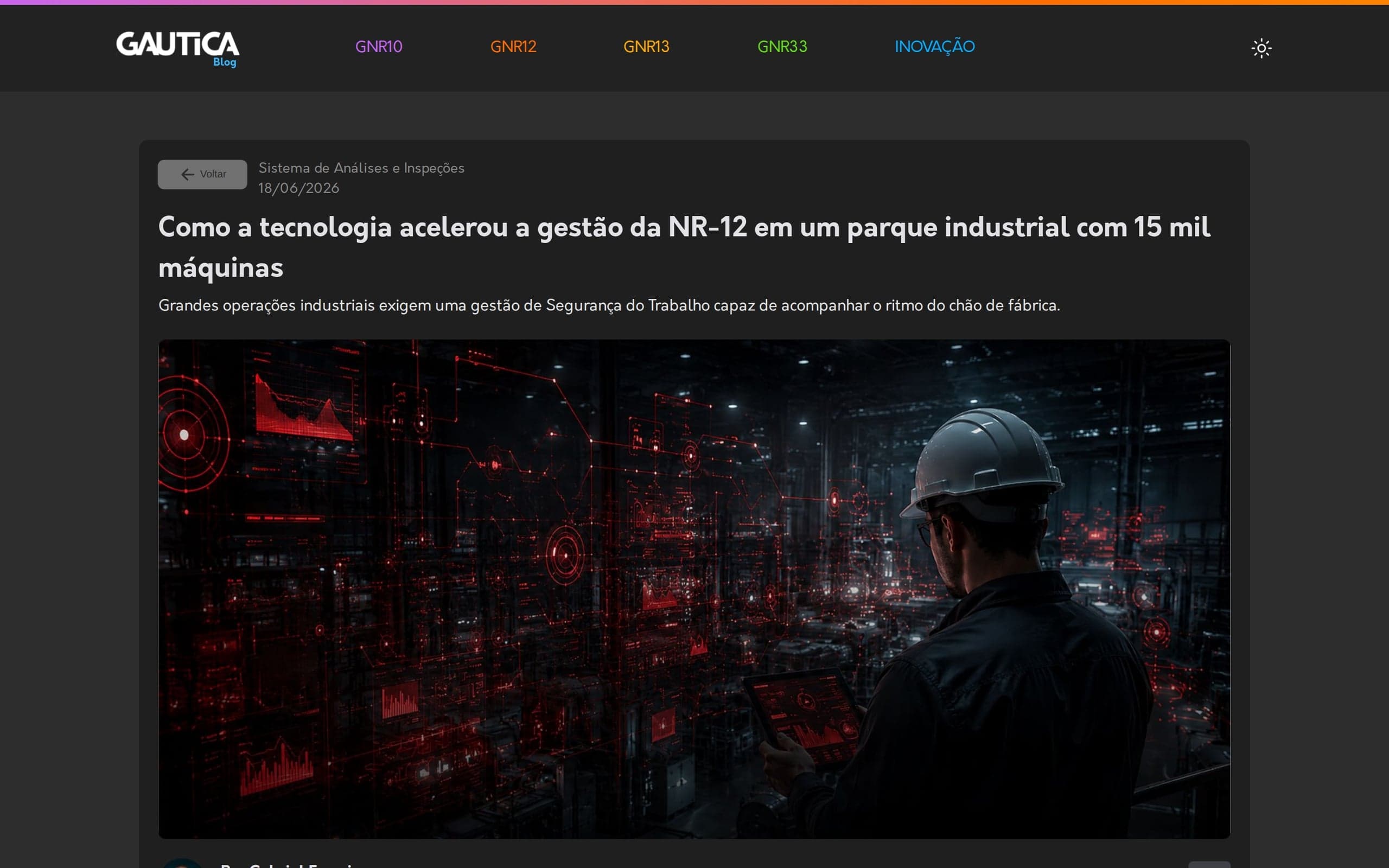Página de artigo do blog da GAUTICA sobre a gestão da NR-12 em um parque industrial