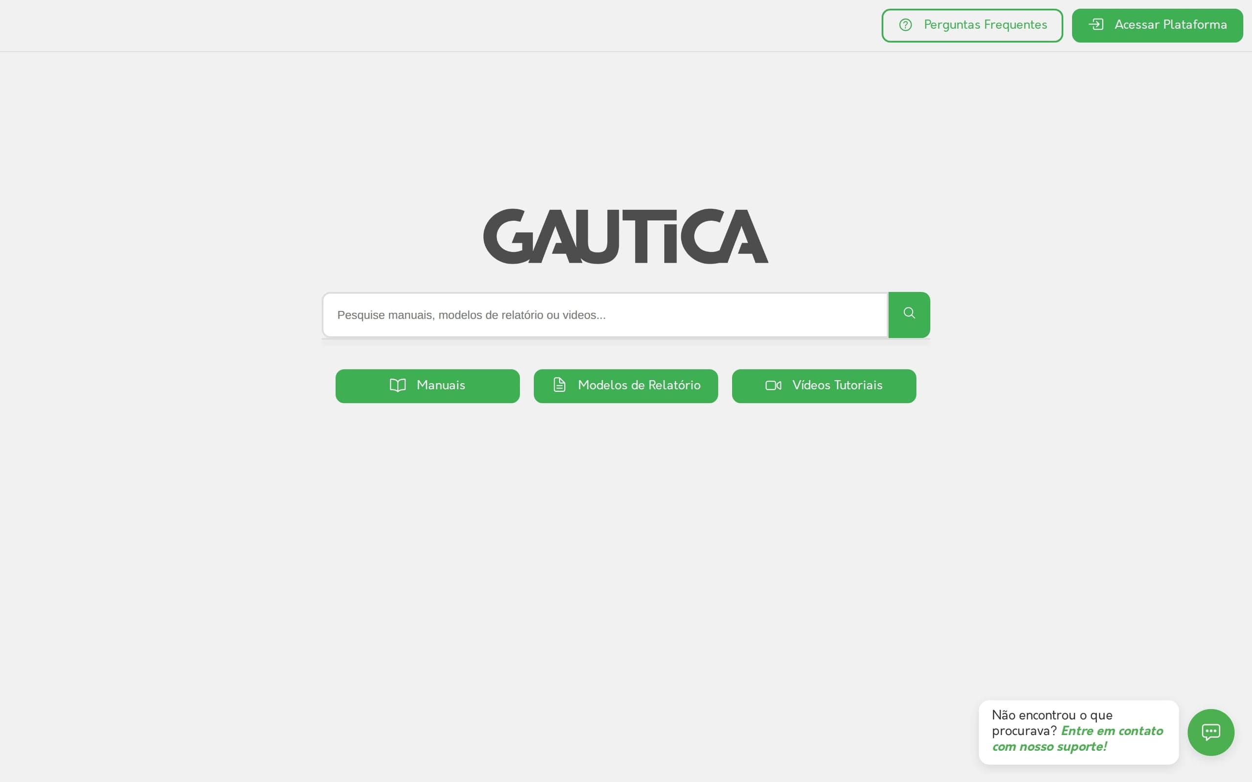 Página inicial da central de ajuda da GAUTICA, com a busca e os atalhos para manuais, modelos de relatório e vídeos