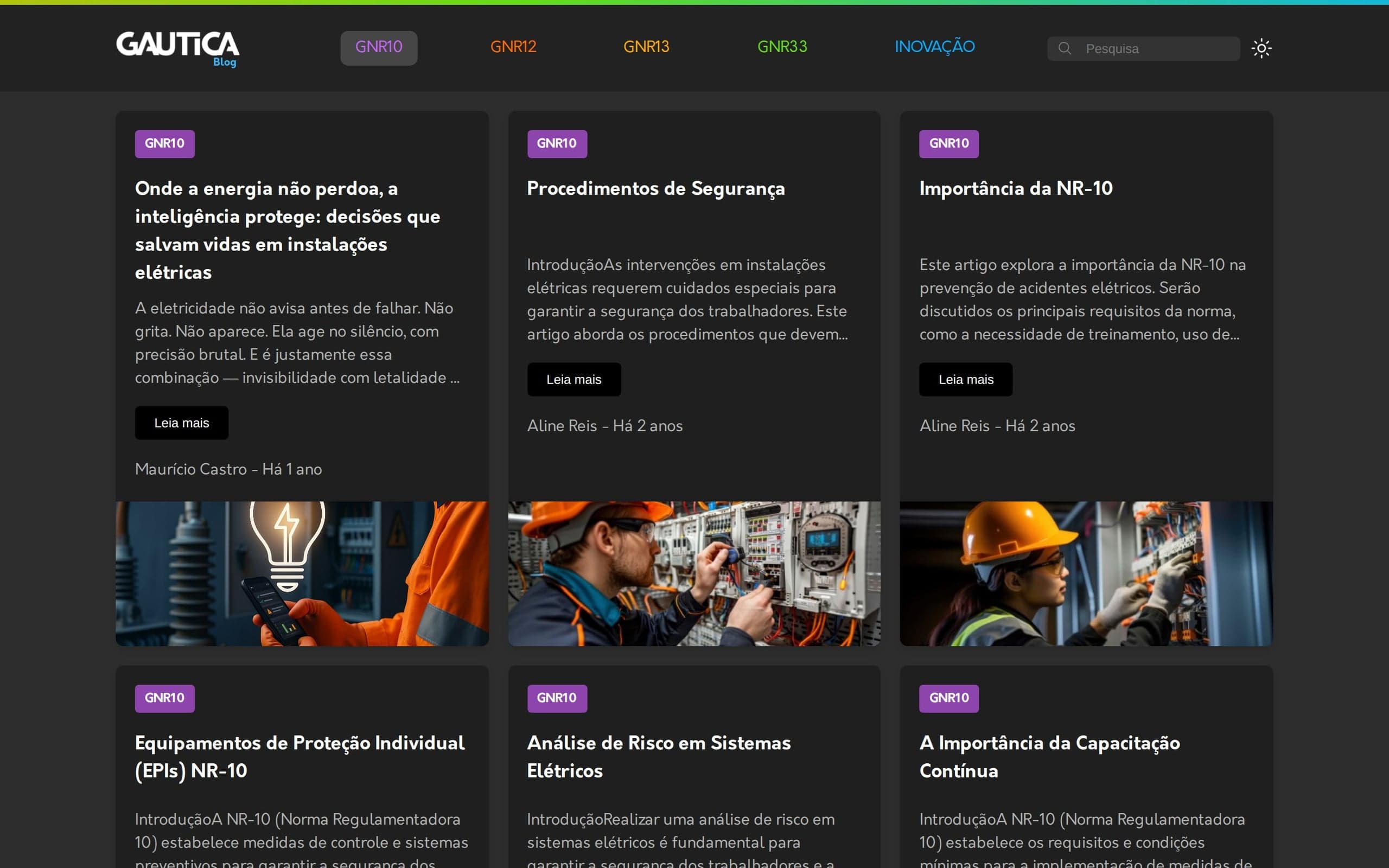 Página da NR-10 no blog da GAUTICA, com os artigos da norma