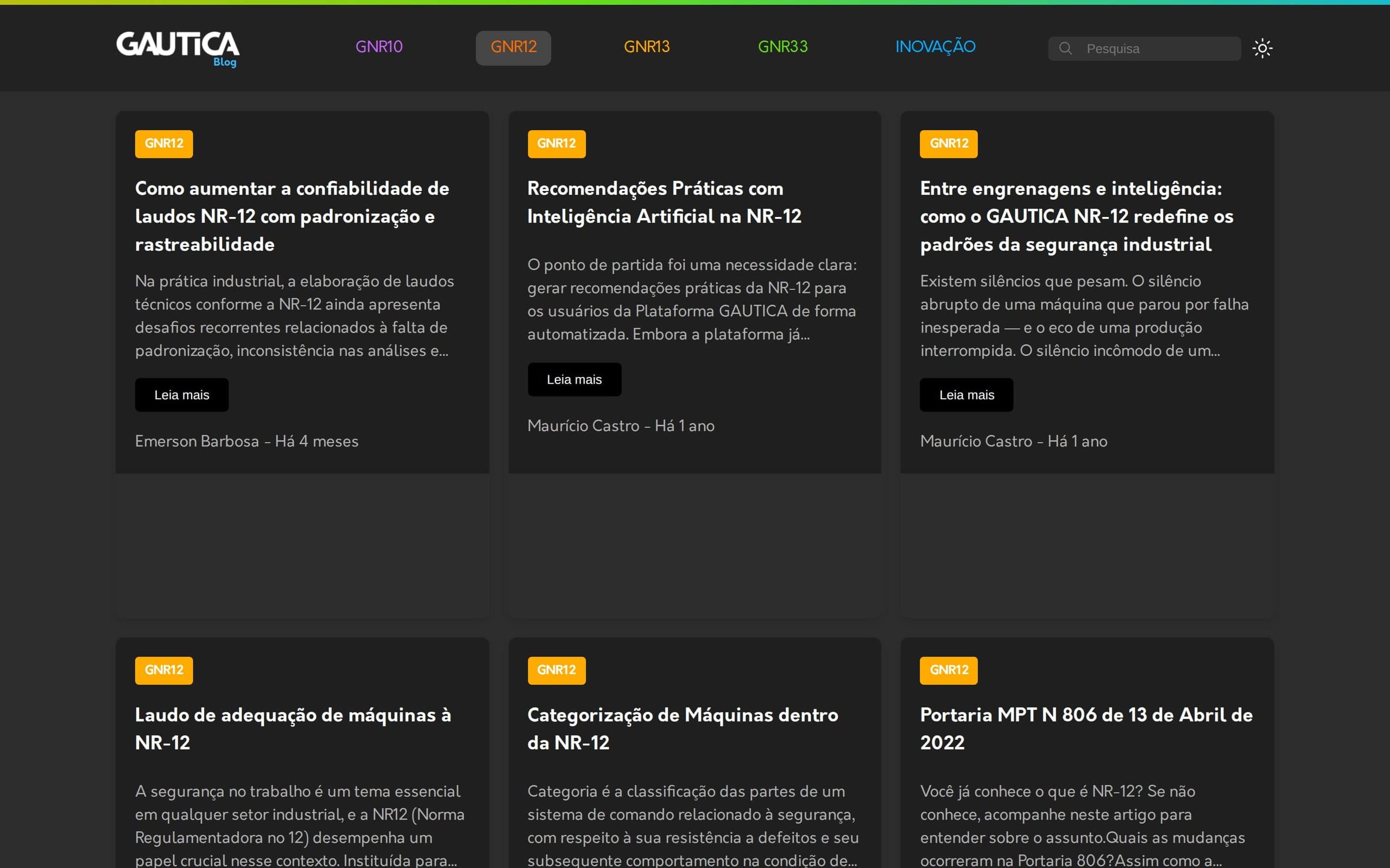 Página da NR-12 no blog da GAUTICA, com os artigos da norma