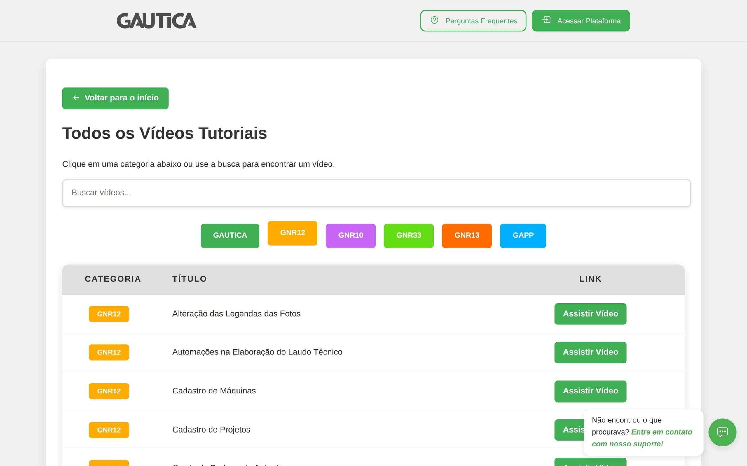 Página de Vídeos Tutoriais, com busca e filtros por módulo