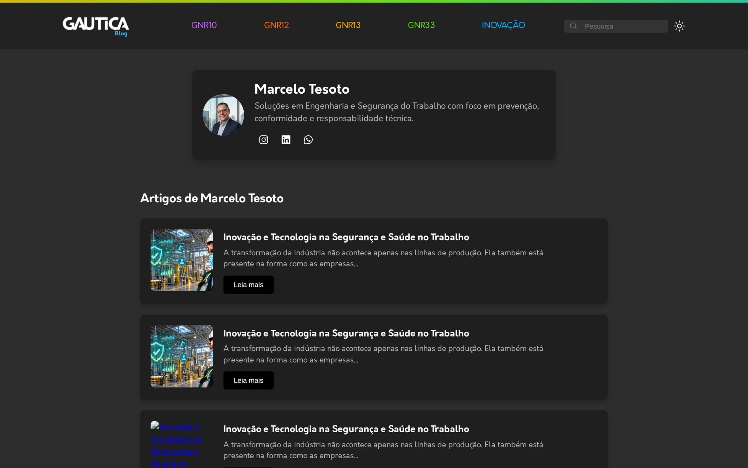 Página do colunista Marcelo Tesoto, com a apresentação e os artigos dele