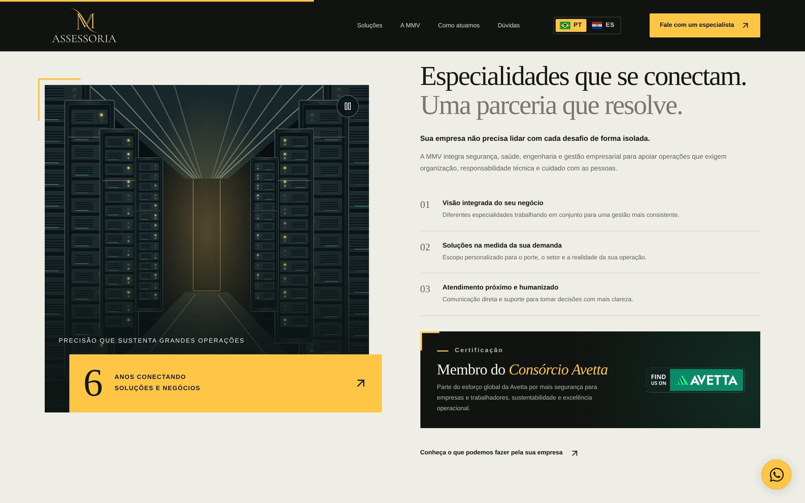 Seção Especialidades que se conectam, com os diferenciais e o selo do Consórcio Avetta