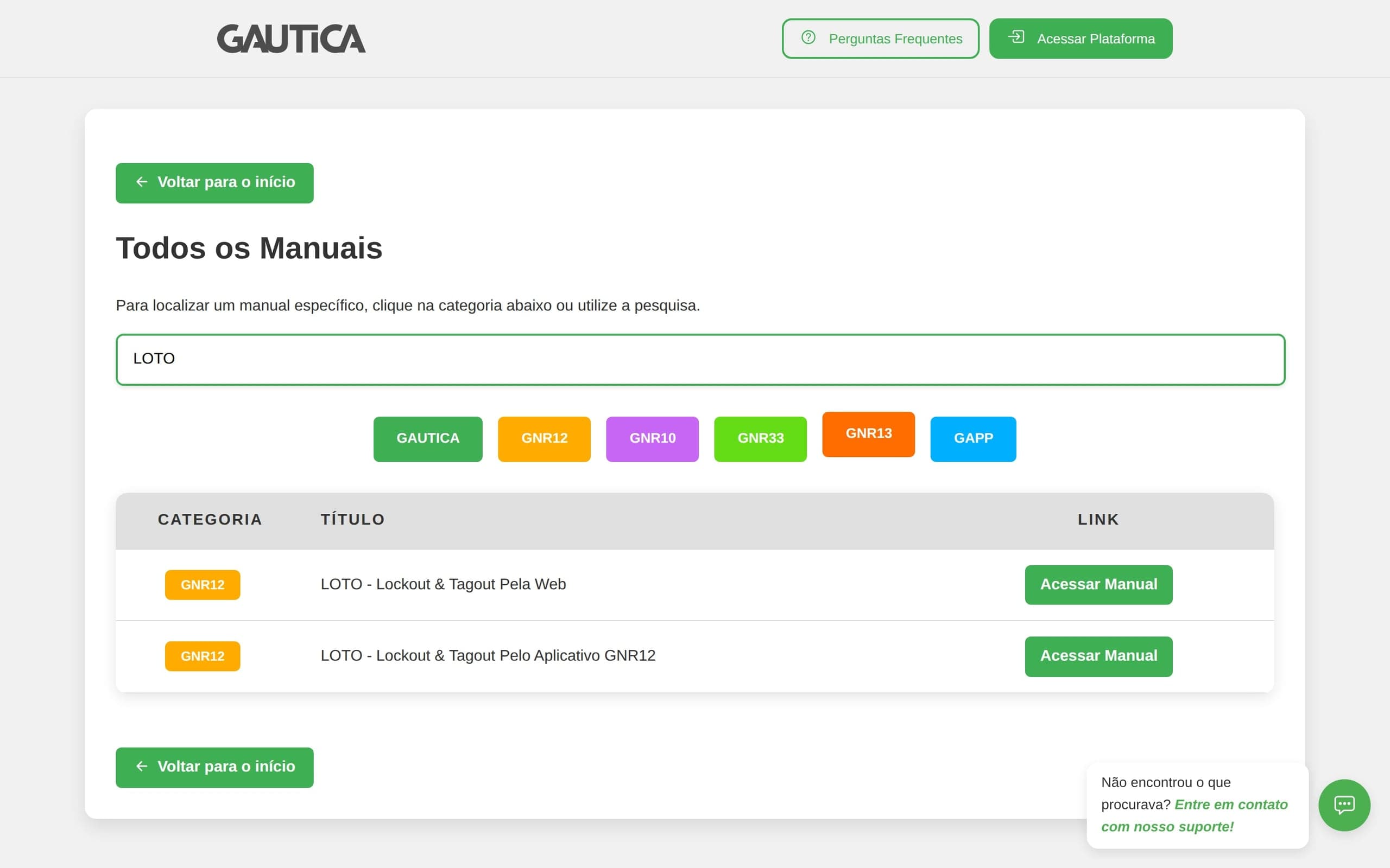 Busca por LOTO na página de manuais