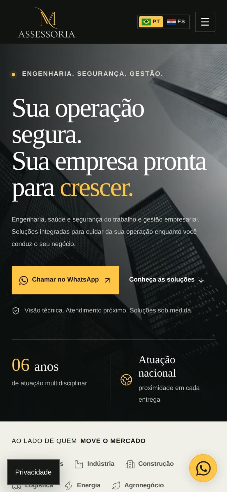 Página inicial da MMV Assessoria no celular