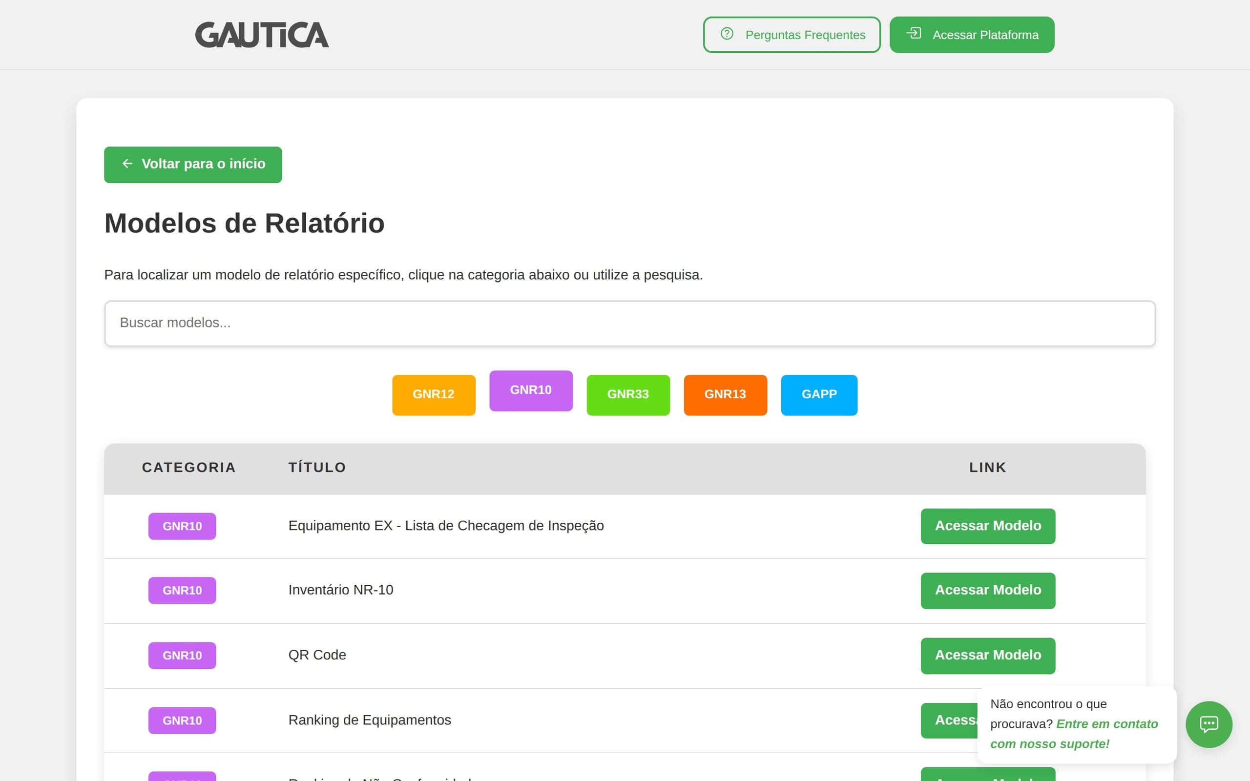 Modelos de relatório filtrados pelo módulo GNR10